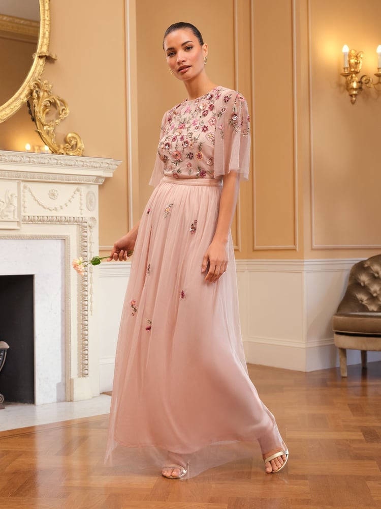 Love & Roses Pink Embroidered Angel Sleeve Maxi Dress - Image 1 of 5 Love & Roses Pink Embroidered Angel Sleeve Maxi Dress - Image 1 of 5
