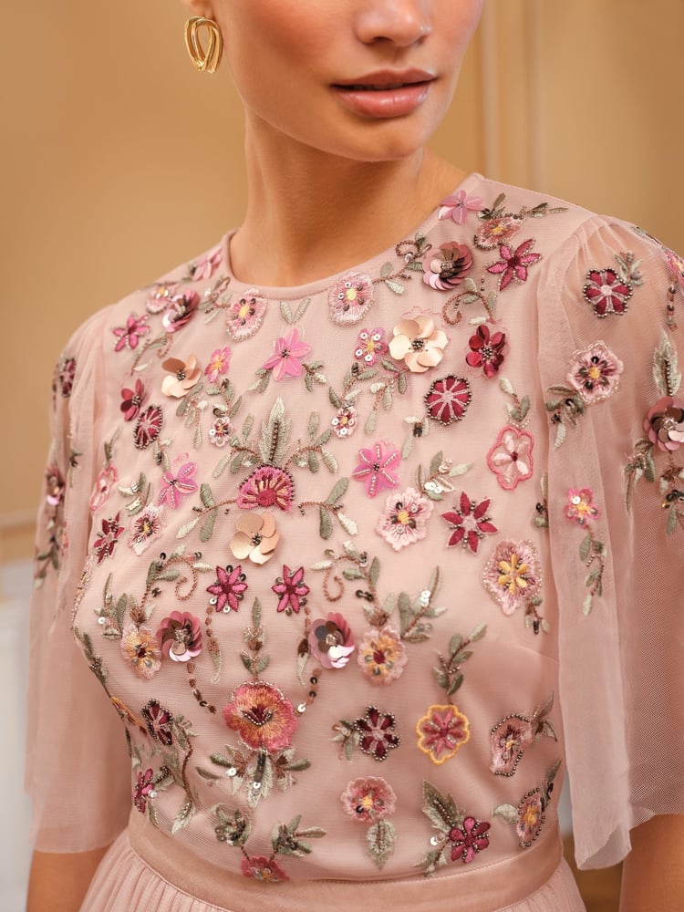 Love & Roses Pink Embroidered Angel Sleeve Maxi Dress - Image 2 of 5 Love & Roses Pink Embroidered Angel Sleeve Maxi Dress - Image 2 of 5