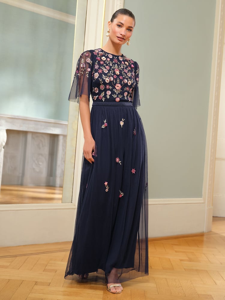 Love & Roses Navy Petite Embroidered Angel Sleeve Maxi Dress - Image 1 of 4 Love & Roses Navy Petite Embroidered Angel Sleeve Maxi Dress - Image 1 of 4