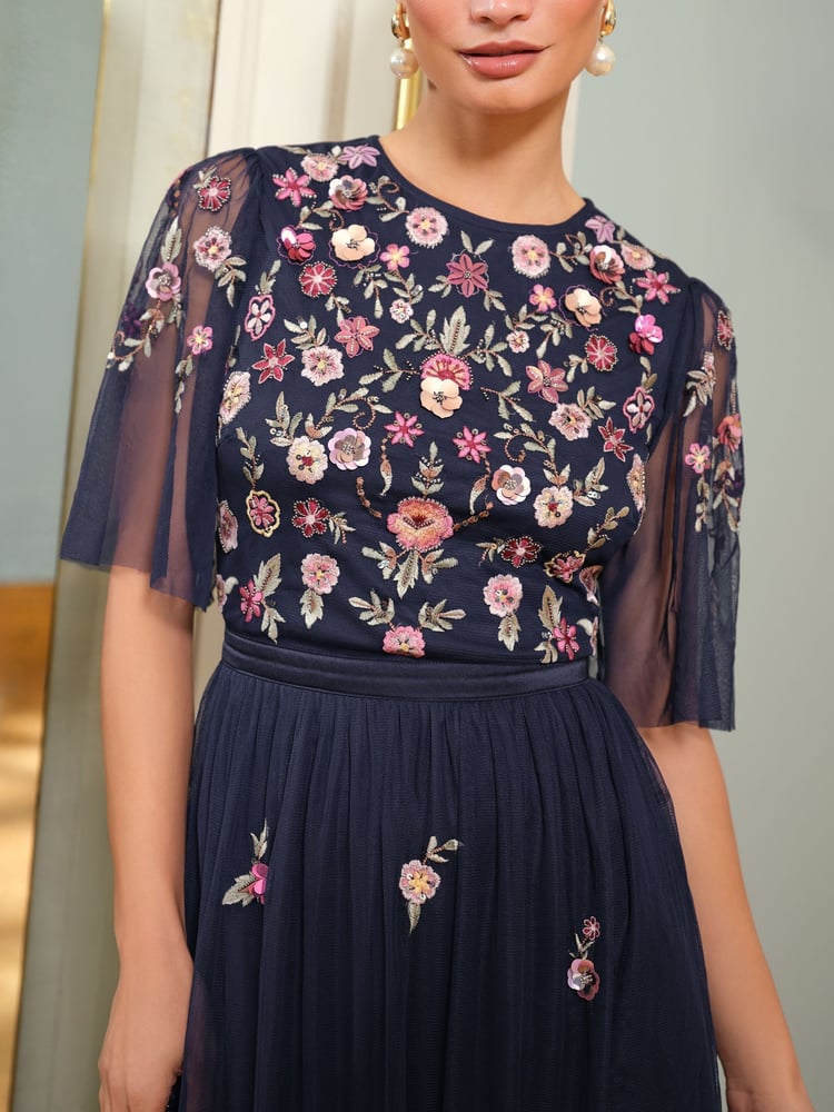 Love & Roses Navy Petite Embroidered Angel Sleeve Maxi Dress - Image 2 of 4 Love & Roses Navy Petite Embroidered Angel Sleeve Maxi Dress - Image 2 of 4