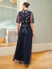 Love & Roses Navy Petite Embroidered Angel Sleeve Maxi Dress - Image 3 of 4