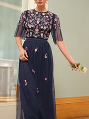Love & Roses Navy Petite Embroidered Angel Sleeve Maxi Dress - Image 4 of 4