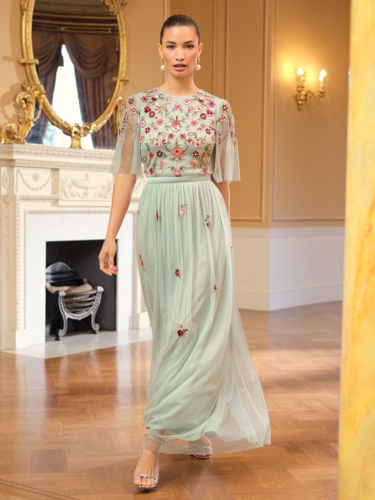 Love & Roses Green Embroidered Angel Sleeve Maxi Dress - Image 1 of 4 Love & Roses Green Embroidered Angel Sleeve Maxi Dress - Image 1 of 4