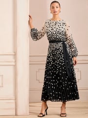 Love & Roses Black/White Mono Spot Pleated Midi Dress - Image 1 of 5