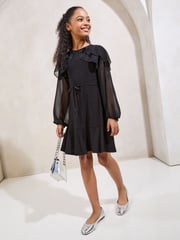 Lipsy Black Layered Flutter Long Sleeve Dress (5-16yrs) - Image 3 of 5