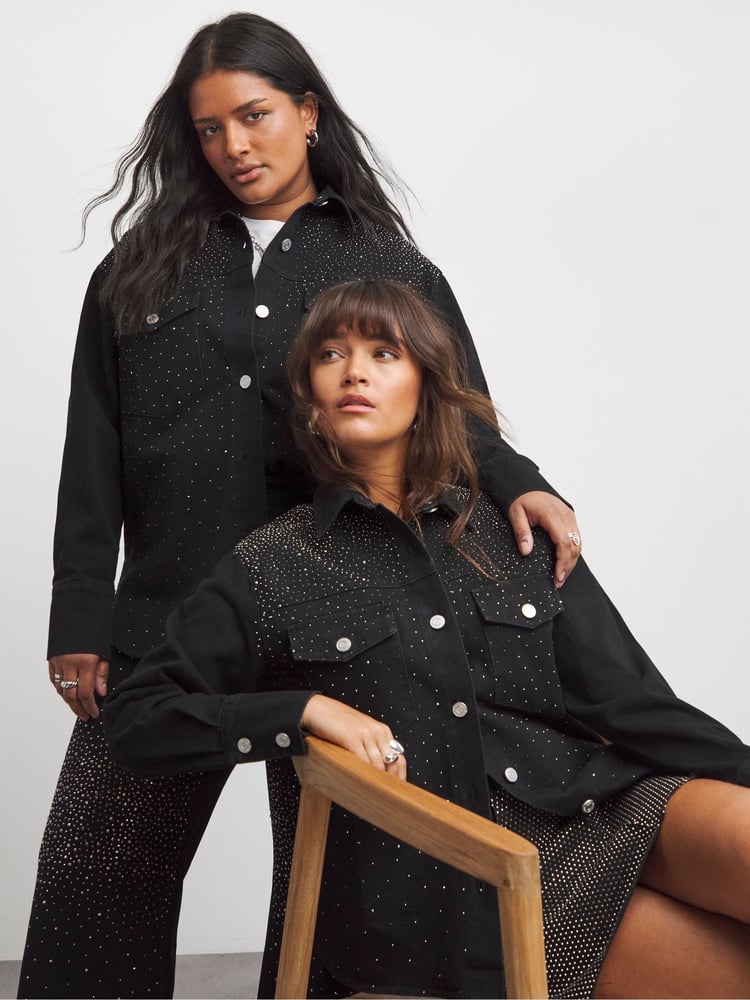 Simply Be Black Oversized Embellished Denim Shirt - Image 1 of 5