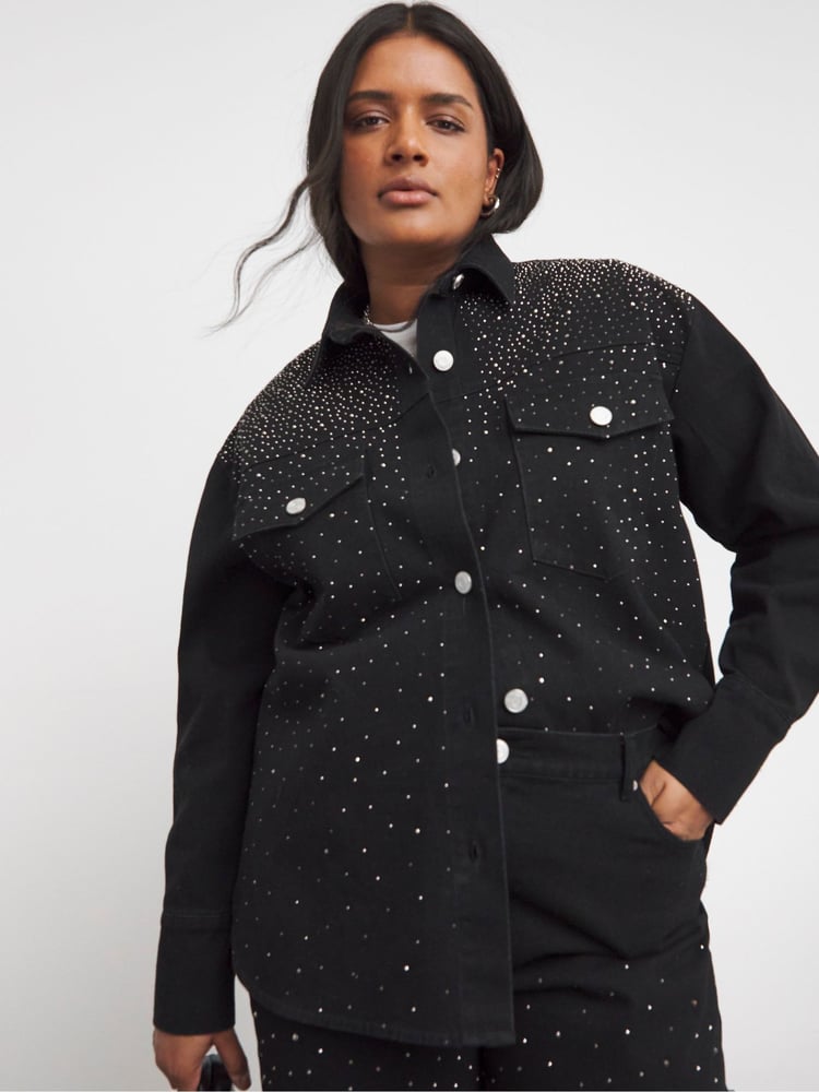 Simply Be Black Oversized Embellished Denim Shirt - Image 2 of 5