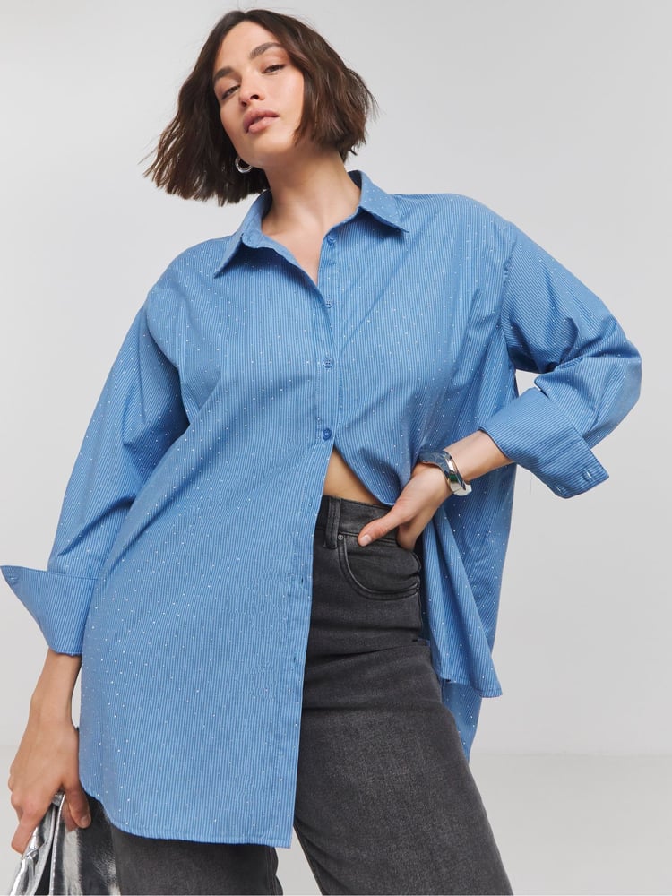 Simply Be Blue Oversized Embellished Striped Shirt - Image 1 of 4 Simply Be Blue Oversized Embellished Striped Shirt - Image 1 of 4