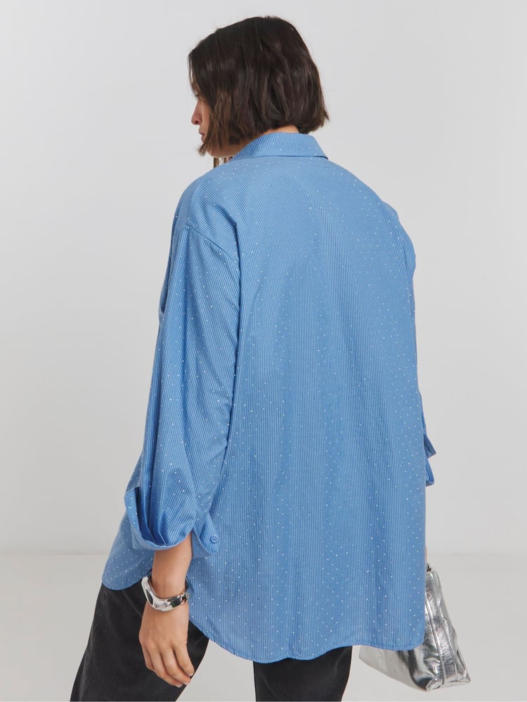 Simply Be Blue Oversized Embellished Striped Shirt - Image 2 of 4 Simply Be Blue Oversized Embellished Striped Shirt - Image 2 of 4