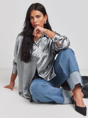 Simply Be Grey Hammered Satin Relaxed Shirt - Image 1 of 4