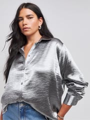 Simply Be Grey Hammered Satin Relaxed Shirt - Image 3 of 4