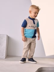 Blue/Ecru 100% Cotton Hotchpotch Short Sleeve Knitted Polo Shirt (3mths-7yrs) - Image 1 of 3
