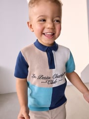 Blue/Ecru 100% Cotton Hotchpotch Short Sleeve Knitted Polo Shirt (3mths-7yrs) - Image 2 of 3