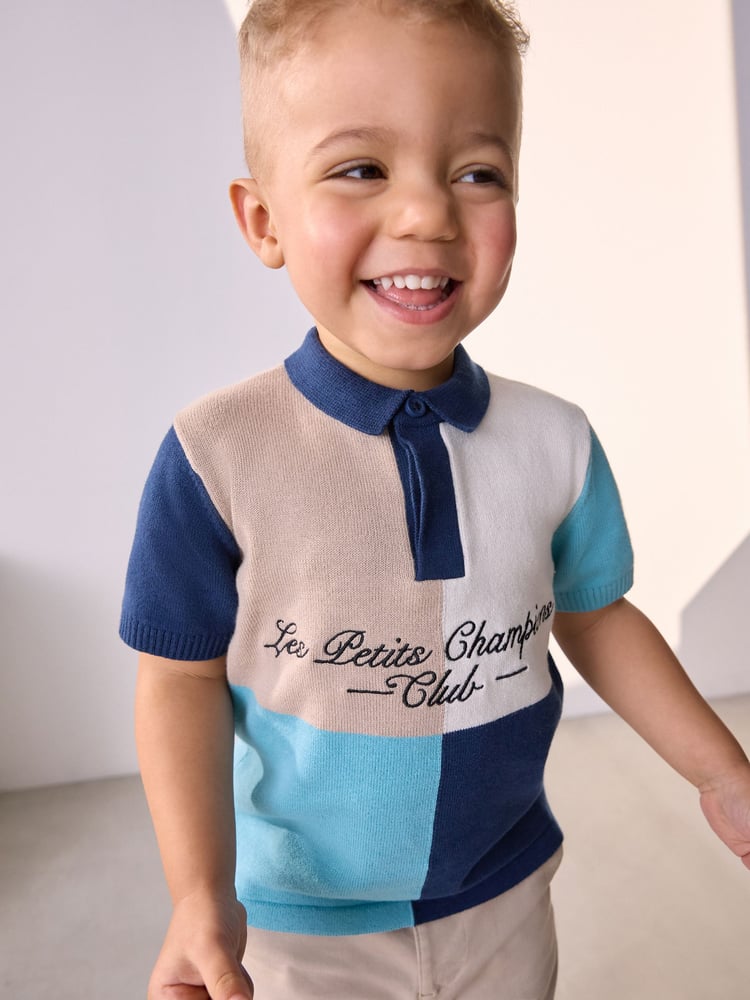 Blue/Ecru 100% Cotton Hotchpotch Short Sleeve Knitted Polo Shirt (3mths-7yrs) - Image 2 of 3