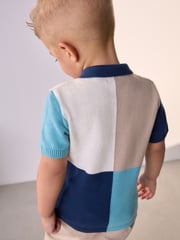 Blue/Ecru 100% Cotton Hotchpotch Short Sleeve Knitted Polo Shirt (3mths-7yrs) - Image 3 of 3