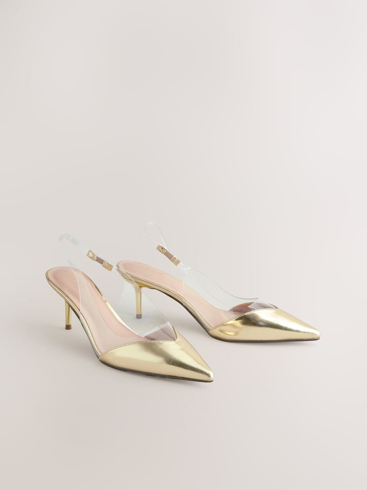 Gold Forever Comfort® Point Toe Detail Vinyl Slingback Heels - Image 1 of 6