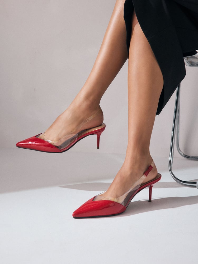 Red Forever Comfort® Point Toe Detail Vinyl Slingback Heels - Image 1 of 5