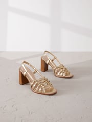 Gold Signature Premium Leather Square Toe Cage Slingback Block Heel Sandals - Image 1 of 3