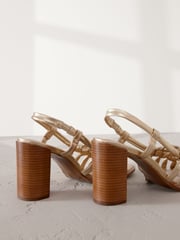 Gold Signature Premium Leather Square Toe Cage Slingback Block Heel Sandals - Image 3 of 3