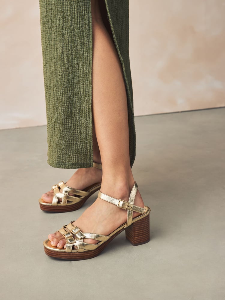 Gold Forever Comfort® Round Toe Low Strap Buckle Detail Platform Sandals - Image 1 of 10