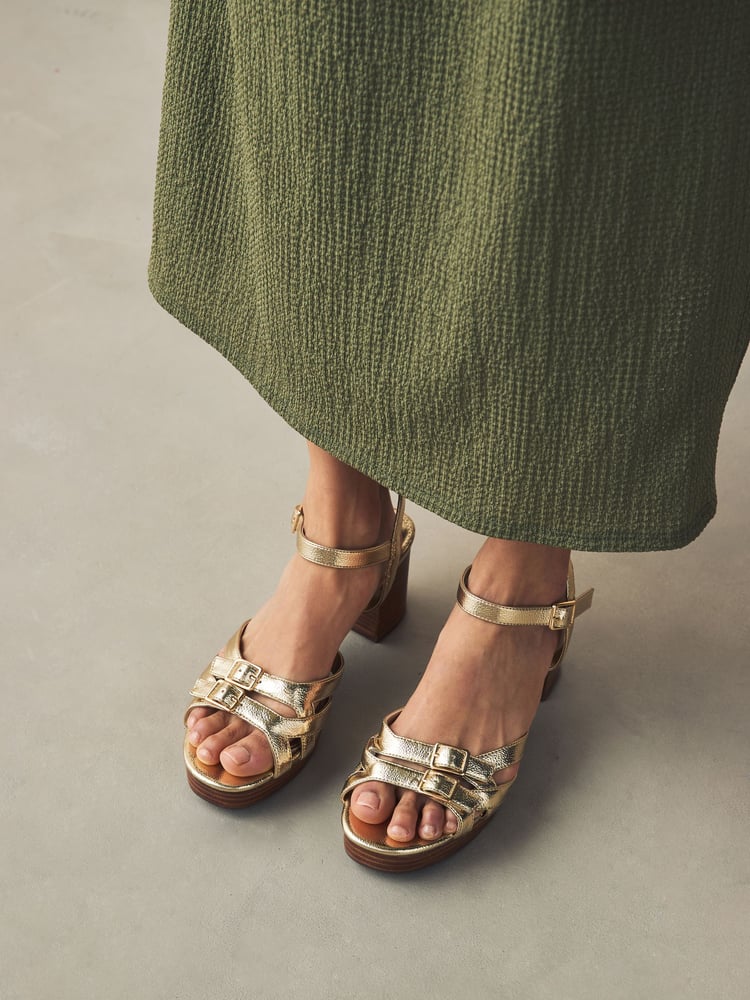 Gold Forever Comfort® Round Toe Low Strap Buckle Detail Platform Sandals - Image 2 of 10