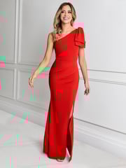 Sistaglam Red Millie One Shoulder Bow Ruched Maxi Dress with Split - Image 2 of 4