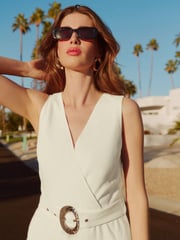 Friends Like These Ivory Linen Blend Midi Wrap Front Dress - Image 2 of 5