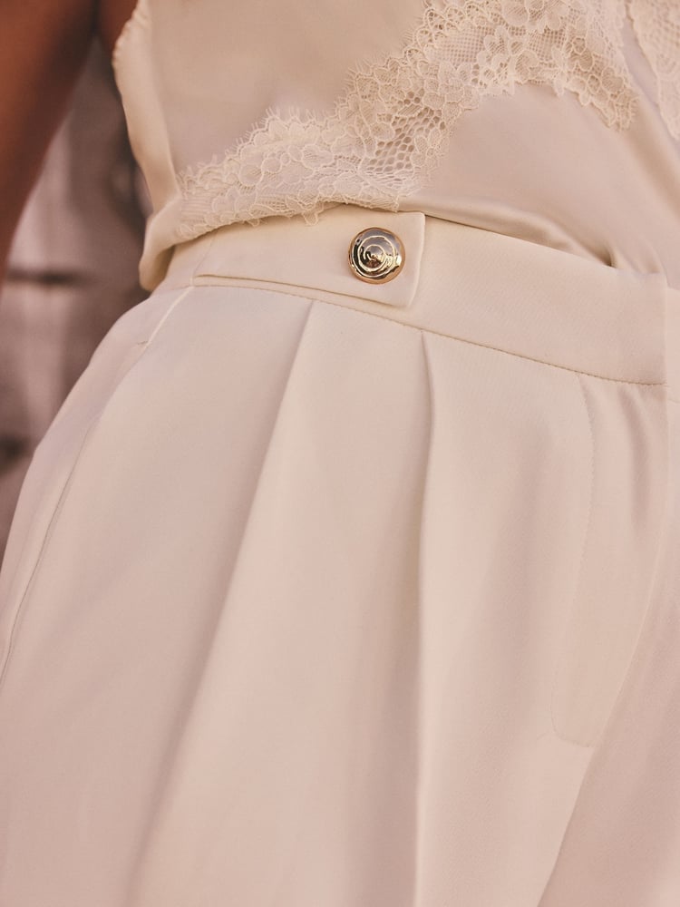Friends Like These Ivory Millie Mackintosh Premium Wide Leg Trousers With Gold Button Tab Details - Image 5 of 5