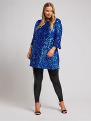 Yours Curve Blue London Sequin Flute Sleeve Top - Image 2 of 5