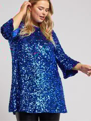 Yours Curve Blue London Sequin Flute Sleeve Top - Image 4 of 5