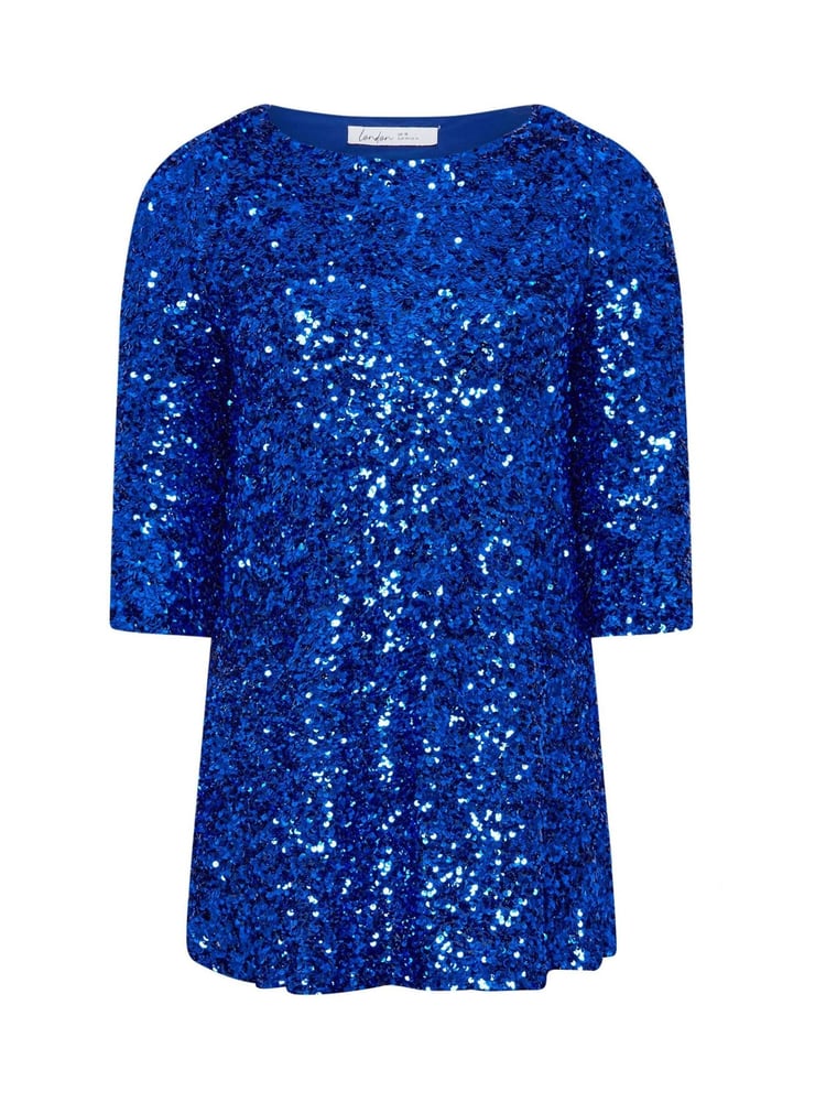 Yours Curve Blue London Sequin Flute Sleeve Top - Image 5 of 5