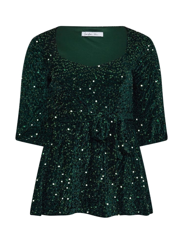 Yours Curve Green London Sequin Velvet Peplum Top - Image 5 of 5