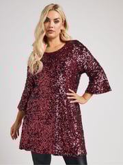 Yours Curve Red London Sequin Flute Sleeve Top - Image 1 of 5