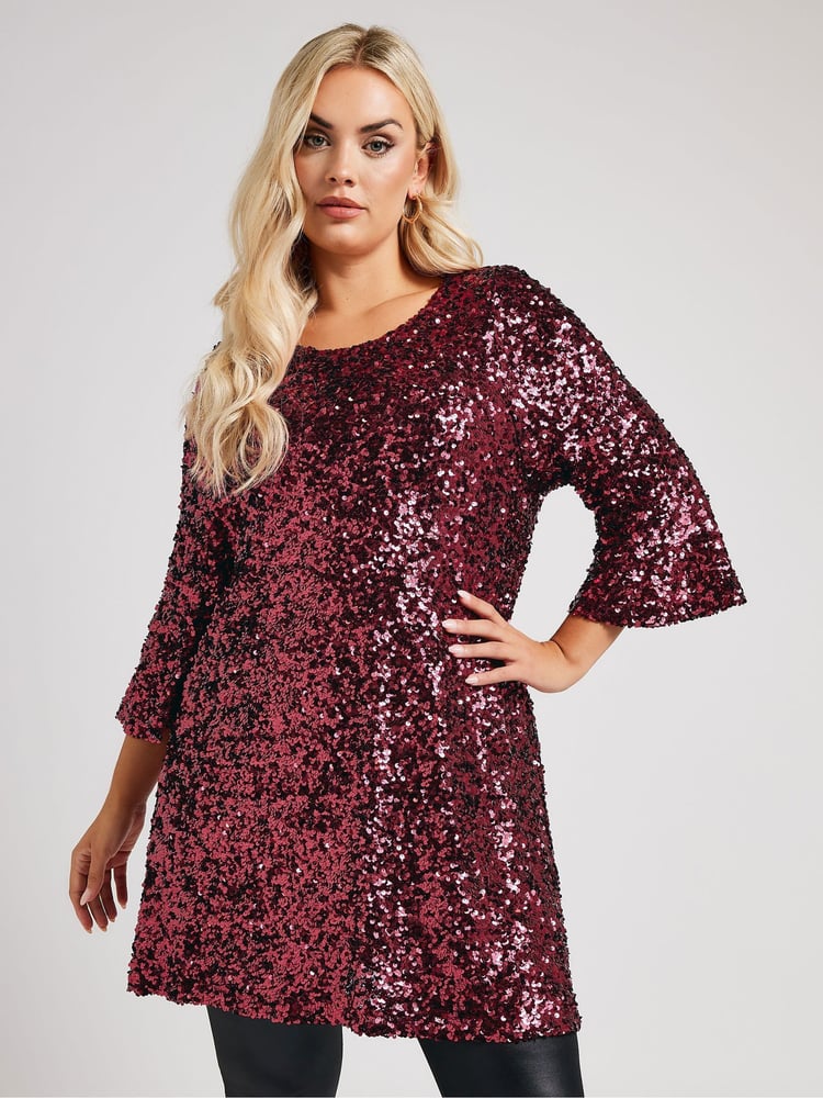 Yours Curve Red London Sequin Flute Sleeve Top - Image 1 of 5