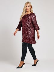 Yours Curve Red London Sequin Flute Sleeve Top - Image 2 of 5
