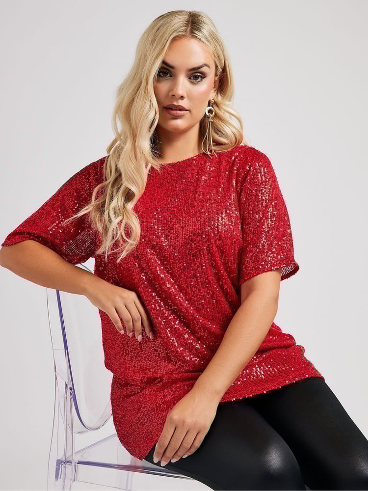 Yours Curve Red London Sequin Swing Top - Image 1 of 5