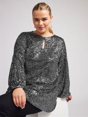 Yours Curve Silver London Sequin Keyhole Bellow Sleeve Top - Image 1 of 5
