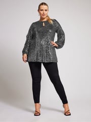 Yours Curve Silver London Sequin Keyhole Bellow Sleeve Top - Image 2 of 5