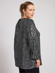 Yours Curve Silver London Sequin Keyhole Bellow Sleeve Top - Image 3 of 5
