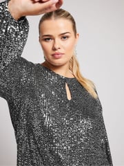 Yours Curve Silver London Sequin Keyhole Bellow Sleeve Top - Image 4 of 5