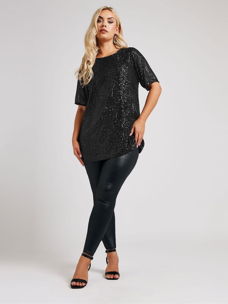 Yours Curve Black London Sequin Swing Top - Image 2 of 5