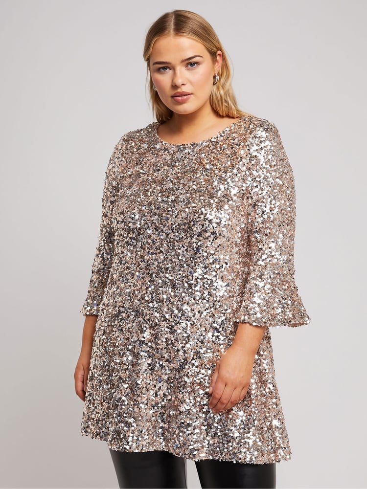 Yours Curve Gold London Sequin Flute Sleeve Top - Image 1 of 5