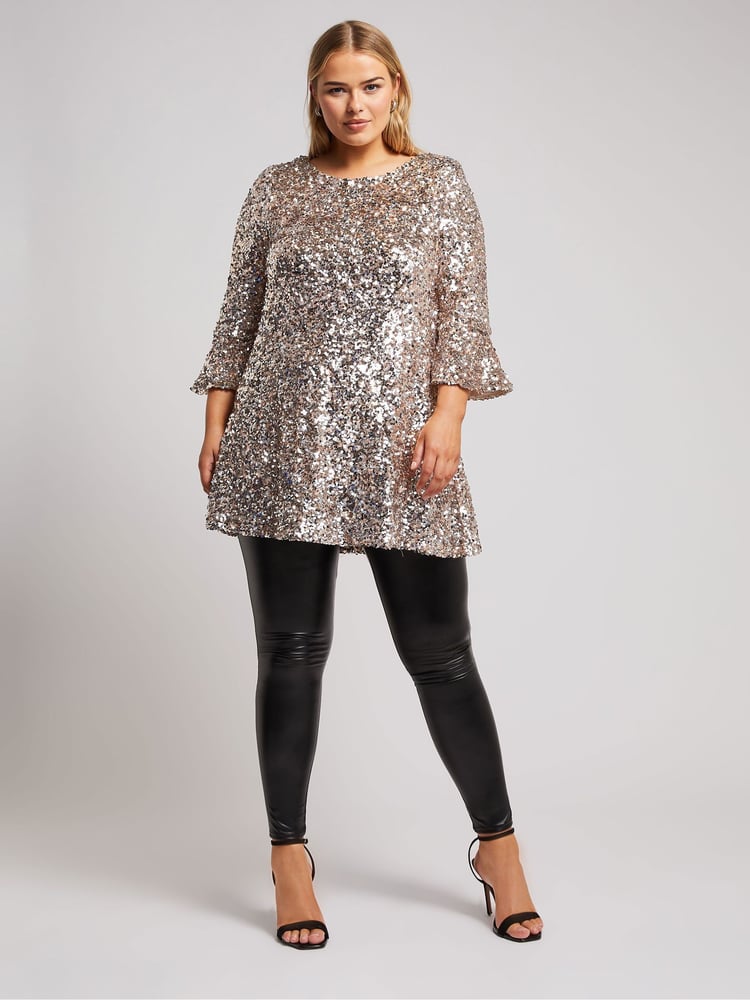 Yours Curve Gold London Sequin Flute Sleeve Top - Image 2 of 5