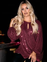 Yours Curve Red London Sequin Keyhole Bellow Sleeve Top - Image 1 of 6