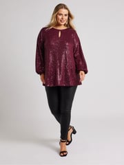 Yours Curve Red London Sequin Keyhole Bellow Sleeve Top - Image 3 of 6