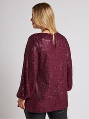 Yours Curve Red London Sequin Keyhole Bellow Sleeve Top - Image 4 of 6