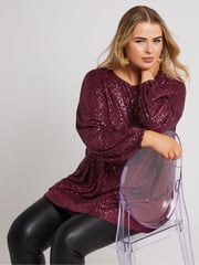 Yours Curve Red London Sequin Keyhole Bellow Sleeve Top - Image 5 of 6