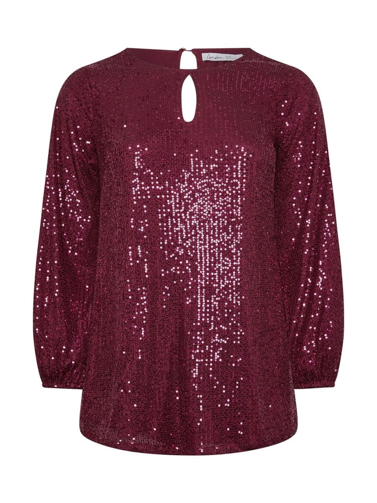 Yours Curve Red London Sequin Keyhole Bellow Sleeve Top - Image 6 of 6