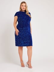 Yours Curve Blue London Sequin Velvet Shift Dress - Image 2 of 5