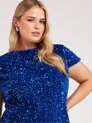 Yours Curve Blue London Sequin Velvet Shift Dress - Image 4 of 5